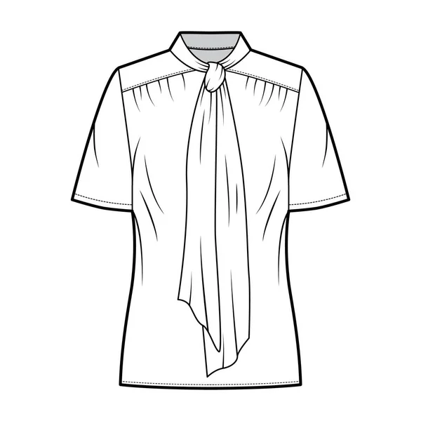 Pussy-bow blouse technical fashion illustration with oversized body, loose fit, short sleeves. — 图库矢量图片