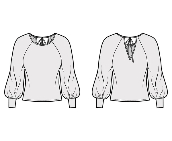 Blusa técnica ilustración de moda con cuello redondo ancho, mangas exageradas globo raglán. mangas, lazos en la espalda — Vector de stock
