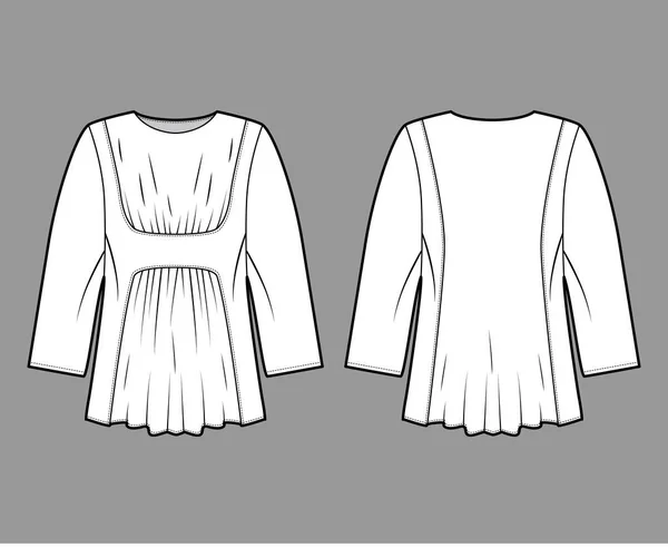 Blusa técnica de moda ilustración con cuerpo de gran tamaño, reunida delante y detrás, para un efecto plisado, mangas largas . — Vector de stock