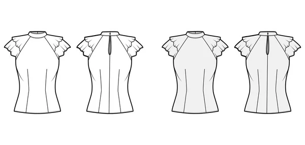 Bluse technische Mode Illustration Set mit hohem Ausschnitt gebänderter Kragen, flatternde Rüschen kurze Ärmel, taillierter Körper — Stockvektor