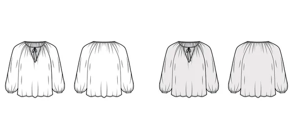 Amarre suavemente recolhido decote blusa técnica moda ilustração com forma solta, mangas compridas, cortinas fluidamente . —  Vetores de Stock