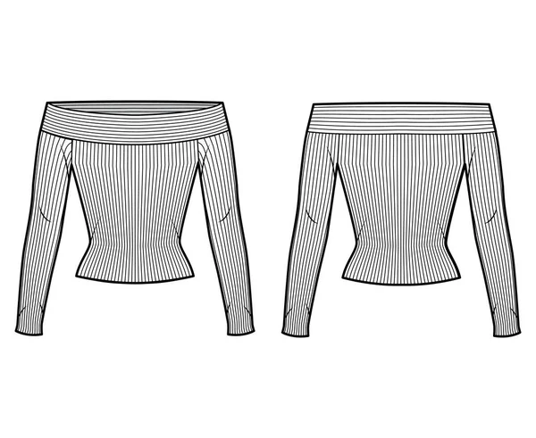 Illustration de mode technique en tricot côtelé off-the-shoulder avec forme sans manches et moulante. — Image vectorielle