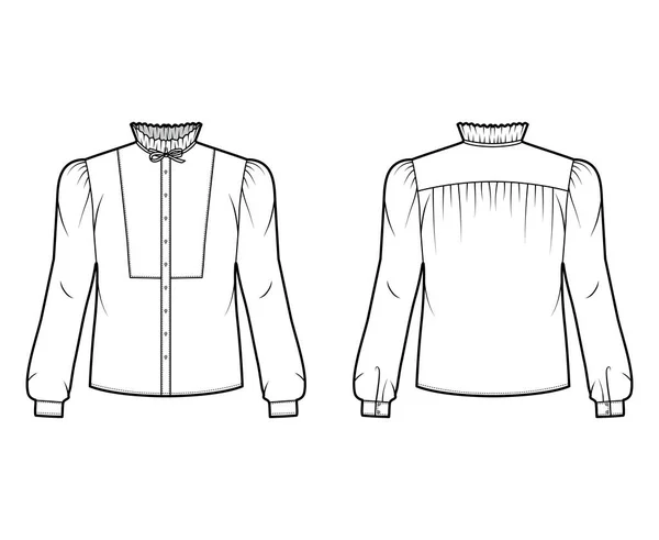 Blusa detallada arco ilustración técnica de moda con cuello con volantes, mangas largas con puño, frente con paneles . — Vector de stock