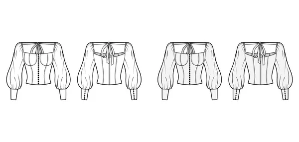 Wiktoriańska bluzka ozdobiona guzikami Ilustracja moda techniczna z korpusem w gorsecie, czarno-białe rękawy — Wektor stockowy