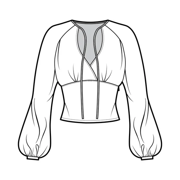 Chemisier illustration de mode technique avec manches longues évêque, cravates surplis encolure devant, corps ajusté. — Image vectorielle