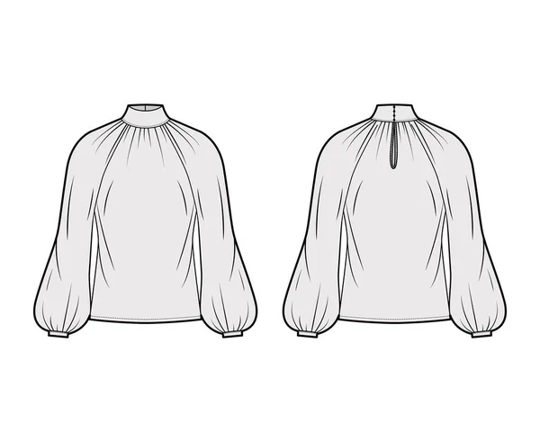 Υψηλής κοπής μπλούζα λαιμόκοψη τεχνική εικόνα μόδας με μακριά μανίκια επίσκοπος χαλαρά εφαρμογή, κουμπώνει κλειδαρότρυπα στο πίσω μέρος — Διανυσματικό Αρχείο