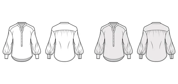 Gesammelte Bluse technische Mode Illustration mit gebogenem Mandarinenkragen, Henley Hals, lange Bischofsärmel mit Manschette. — Stockvektor