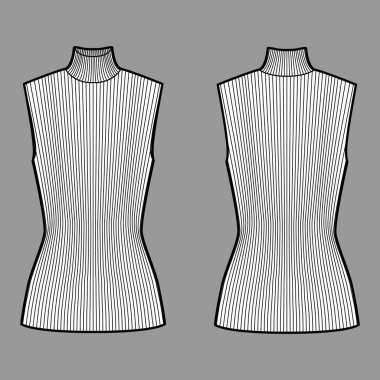 Balıkçı yaka kazak teknik moda illüstrasyon tunik uzun vücut, kolsuz kazak. 