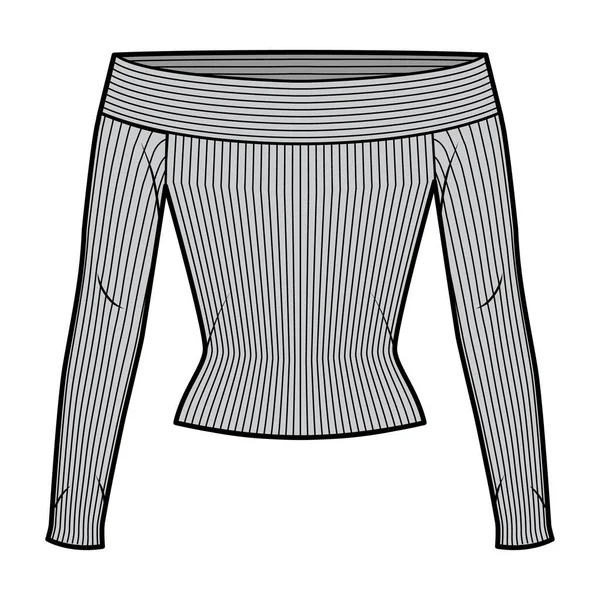 袖なしの密着形状のオフショルダーリブニットトップテクニカルファッションイラスト. — ストックベクタ