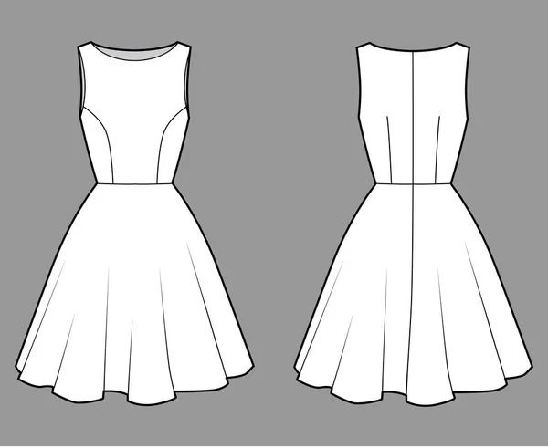 Ilustração de moda técnica do vestido com corpo equipado, pescoço do barco, sem mangas, plenitude semicircular, comprimento do joelho . —  Vetores de Stock