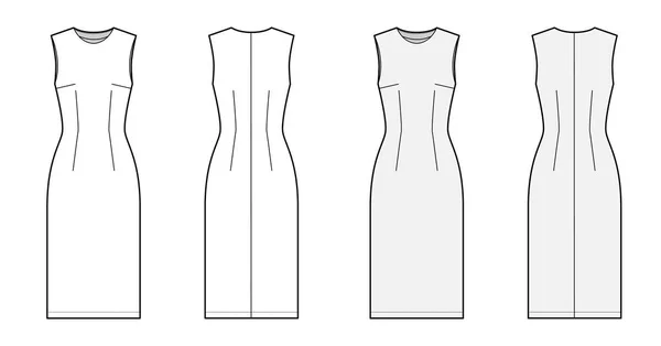 Mantel Kleid technische Mode Illustration mit tailliertem Körper, ovalem Hals, ärmellos, Bleistift Fülle, Knielänge. — Stockvektor