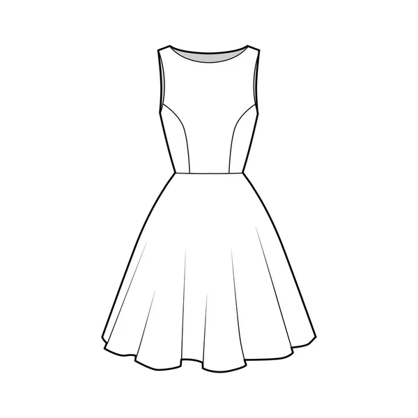 Ilustração de moda técnica do vestido com corpo equipado, pescoço do barco, sem mangas, plenitude semicircular, comprimento do joelho . — Vetor de Stock