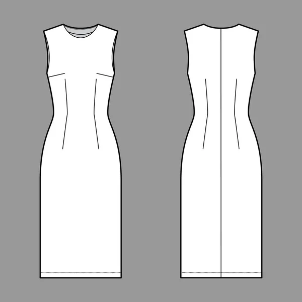 Obal šaty technické módní ilustrace s montovaným tělem, oválný krk, bez rukávů, plnost tužky, délka kolena. — Stockový vektor