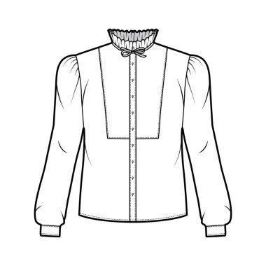 Bow-detailed bluz teknik moda illüstrasyon fırfırlı yaka, uzun kollu manşet, panelli ön. 