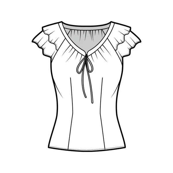 Blouse technical fashion illustration with ties at the V neckline, fluttery ruffles short sleeves, fitted body. — Stock Vector