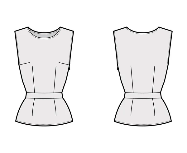 Belted top técnica moda ilustração com pescoço redondo, sem mangas, corpo equipado, lado escondido fecho de correr . — Vetor de Stock