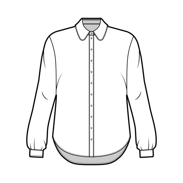 Ilustración de moda técnica camisa clásica con botón abajo abertura frontal, cuello redondo, mangas largas, de gran tamaño — Vector de stock