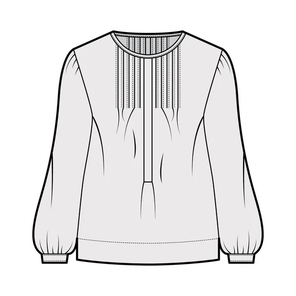 Ilustración de moda técnica superior Pintucked con cuerpo de gran tamaño, cuello de henley con bandas, mangas largas . — Archivo Imágenes Vectoriales
