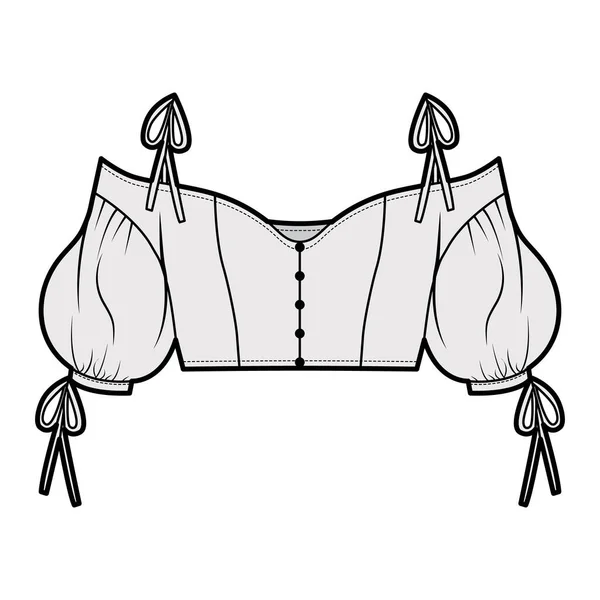 Lady ritagliato freddo spalla superiore illustrazione tecnica di moda con maniche voluminose, lacci di fissaggio. — Vettoriale Stock