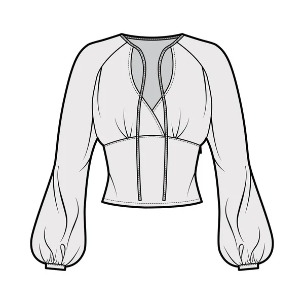 Chemisier illustration de mode technique avec manches longues évêque, cravates surplis encolure devant, corps ajusté. — Image vectorielle