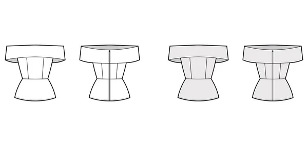 Hors-la-épaule peplum ourlet top illustration de mode technique avec corps ajusté, fermeture zip à l'arrière. — Image vectorielle