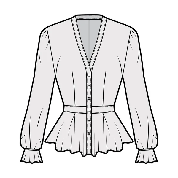 Illust técnico da forma da blusa do peplum com, decote em V, colarinho de beisebol, mangas românticas, bainha plissada, montado . — Vetor de Stock