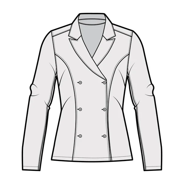 Blazer ilustração de moda técnica com lapela entalhada, silhueta equipada, abertura de peito duplo, mangas compridas . — Vetor de Stock