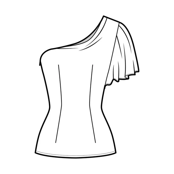 フィット感、フィット感、袖なし、サイドジップファスナー付きワンショルダートップテクニカルファッションイラスト — ストックベクタ