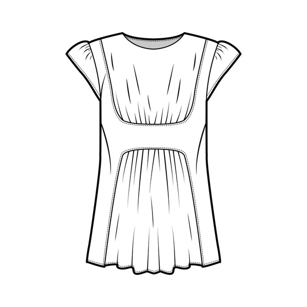 Ilustracja moda techniczna bluzka z nadmiaru ciała, zebrane z przodu i z tyłu, plisowany efekt, krótki, rękawy czapki — Wektor stockowy
