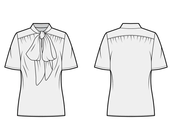 Pussy-bow blouse technical fashion illustration with oversized body, loose fit, short sleeves. — Stok Vektör