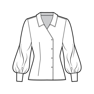 Bluz, normal yakalı, uzun kollu, uygun vücutlu, çift göğüslü teknik tasvirler..