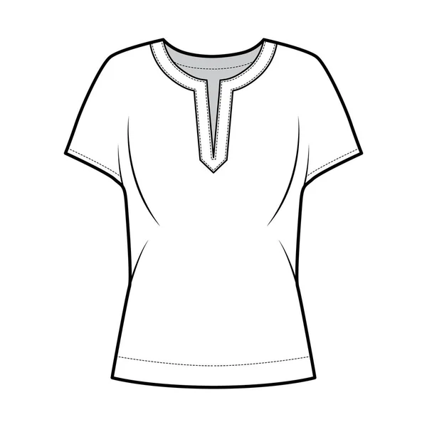 Blouse technische mode illustratie met gespleten hals, ontspannen silhouet, brede korte mouwen. — Stockvector