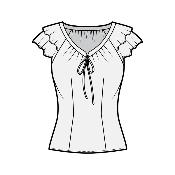 Blusa técnica de moda ilustración con lazos en el escote en V, volantes de aleteo mangas cortas, cuerpo ajustado . — Vector de stock