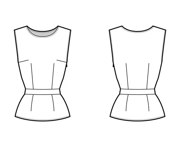 圆领、无袖、贴体、侧面隐藏拉链的带状顶部工艺时尚图解. — 图库矢量图片