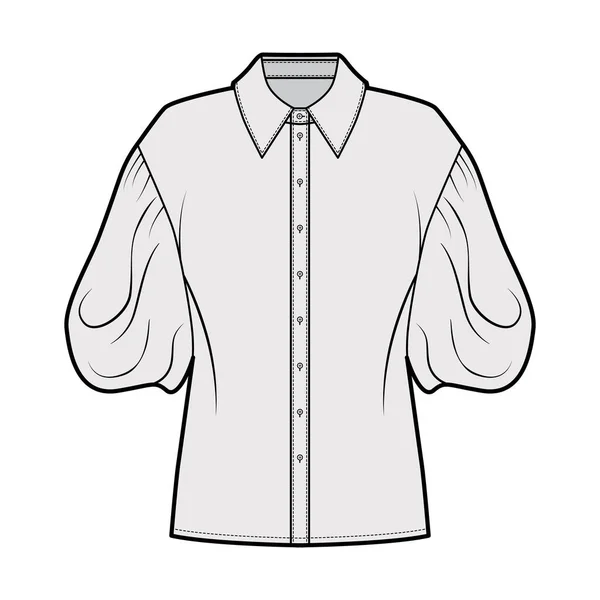 Camisa técnica de moda ilustración con mangas de soplo de codo, cuerpo de gran tamaño, cierre de botón delantero . — Vector de stock