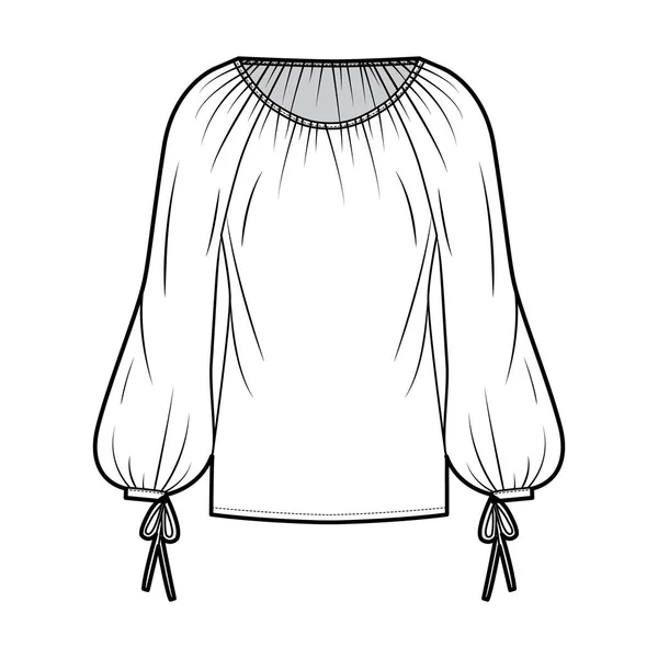 Blusa técnica moda ilustração com decote redondo largo, silhueta arejada, plissados pintucked, mangas bispo . — Vetor de Stock