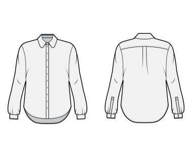 Klasik gömlek teknik tasviri. Önü düğmeli, yakalı, uzun kollu, büyük bedenli.