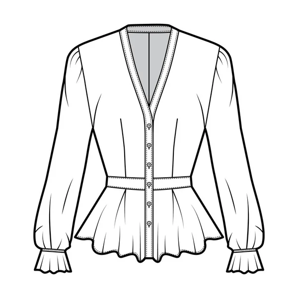 Peplum blus teknisk mode illustration med, V-ringning, baseball krage, romantiska ärmar, veckad fåll, monterad. — Stock vektor