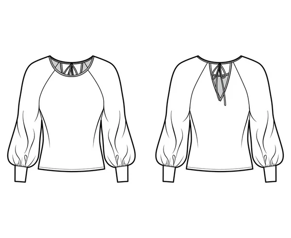 Блузка техническая мода иллюстрация с широкой круглой шеей, преувеличенные воздушные рукава реглан. рукава, галстуки сзади — стоковый вектор
