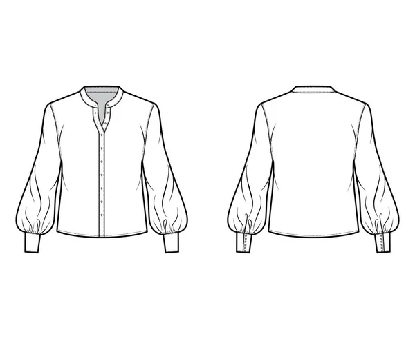 Chemisier illustration de mode technique avec col mandarin incurvé, manches longues évêque avec poignets, corps surdimensionné. — Image vectorielle