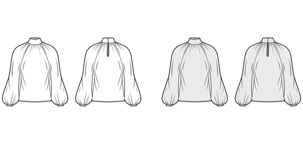 Hoch geschnittene Nackenbluse technische Mode-Illustration mit langen Bischofsärmeln lockere Passform, Schlüsselloch mit Knopfverschluss hinten — Stockvektor