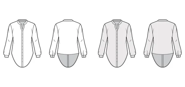 曲線的なマンダリンスタンドの襟とカフ付きの長い袖とシャツの技術的なファッションイラスト. — ストックベクタ