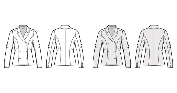 Blazer teknisk mode illustration med hack lapel, monterad silhuett, dubbelknäppt öppning, långa ärmar. — Stock vektor