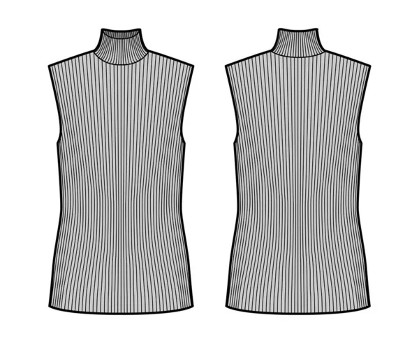 Žebřík rolák svetr technické módní ilustrace s nadrozměrnou tuniku délky těla, bez rukávů svetr. — Stockový vektor
