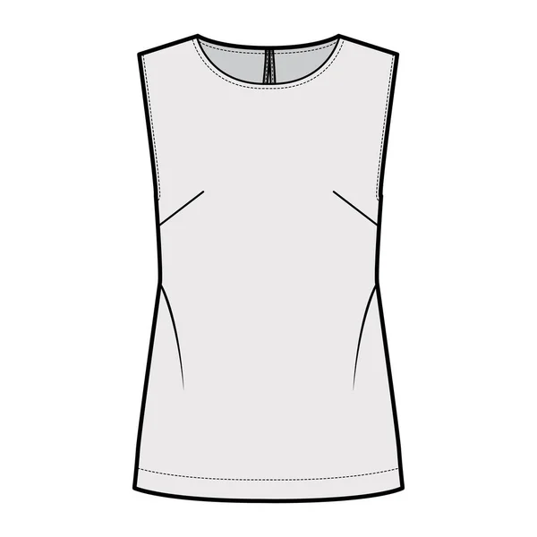 Ilustração de moda técnica superior sem mangas com corpo de grandes dimensões, pescoço redondo, buraco de fechadura de fixação de botões na parte de trás — Vetor de Stock