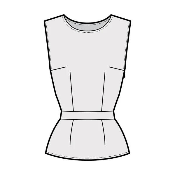 Belted top técnica moda ilustração com pescoço redondo, sem mangas, corpo equipado, lado escondido fecho de correr . —  Vetores de Stock