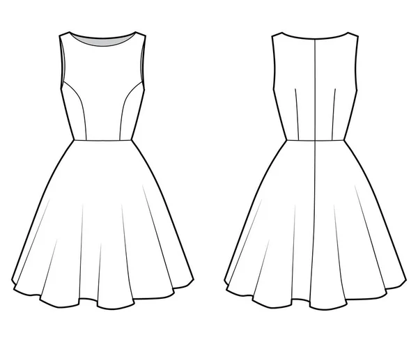 Kleid technische Mode Illustration mit tailliertem Körper, Bootsausschnitt, ärmellos, halbrunde Fülle, Knielänge. — Stockvektor