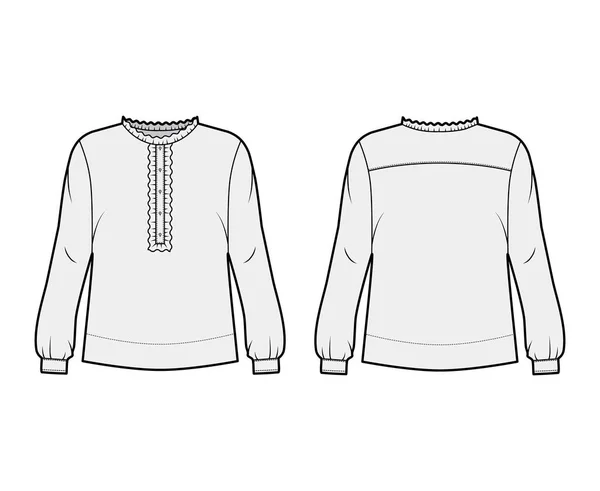 Skjorta teknisk mode illustration med överdimensionerad kropp, dolda knappfästen längs framsidan, delikata volanger — Stock vektor