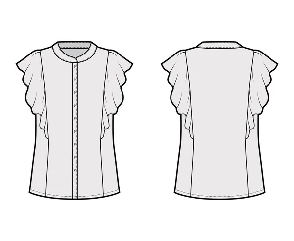 Camisa técnica de moda ilustración con cuerpo de gran tamaño, cuello de mandarina, cierre de botón delantero, mangas con volantes . — Archivo Imágenes Vectoriales