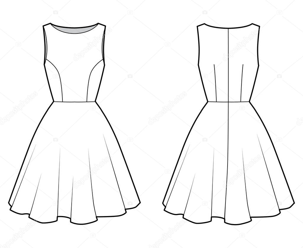 Dress technical fashion illustration with fitted body, boat neck, sleeveless, semi-circular fullness, knee length.